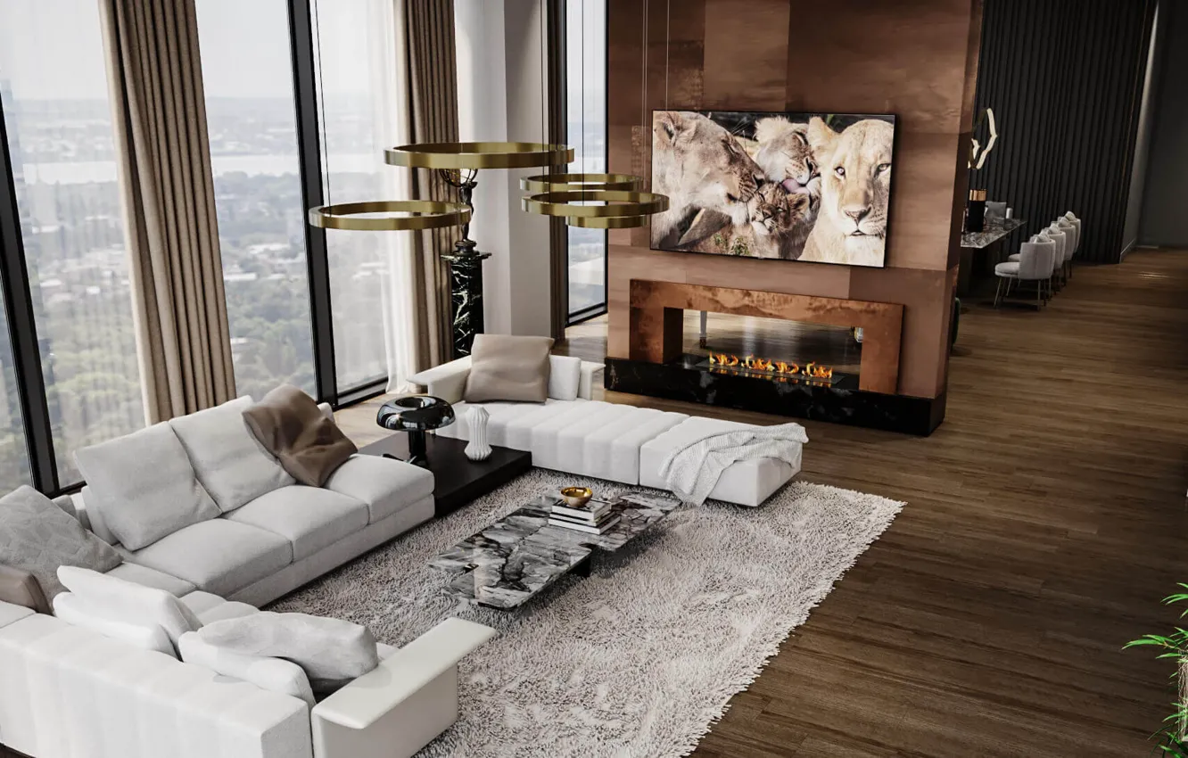 Фото обои дизайн, стиль, интерьер, камин, гостиная, столовая, luxury apartment, by LEMON interior design