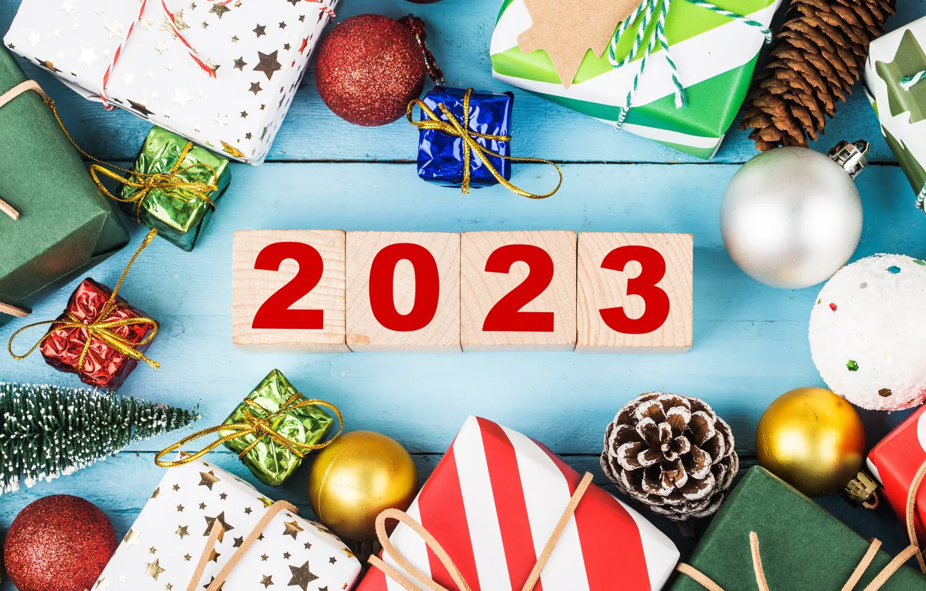 Фото обои шарики, цифры, Новый год, яркие цвета, дата, 2023, Новый 2023 год