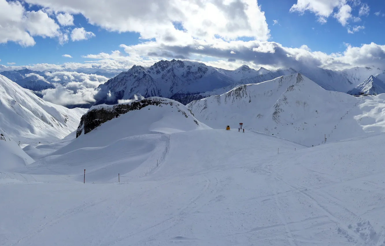 Фото обои зима, небо, солнце, облака, снег, горы, скалы, Швейцария