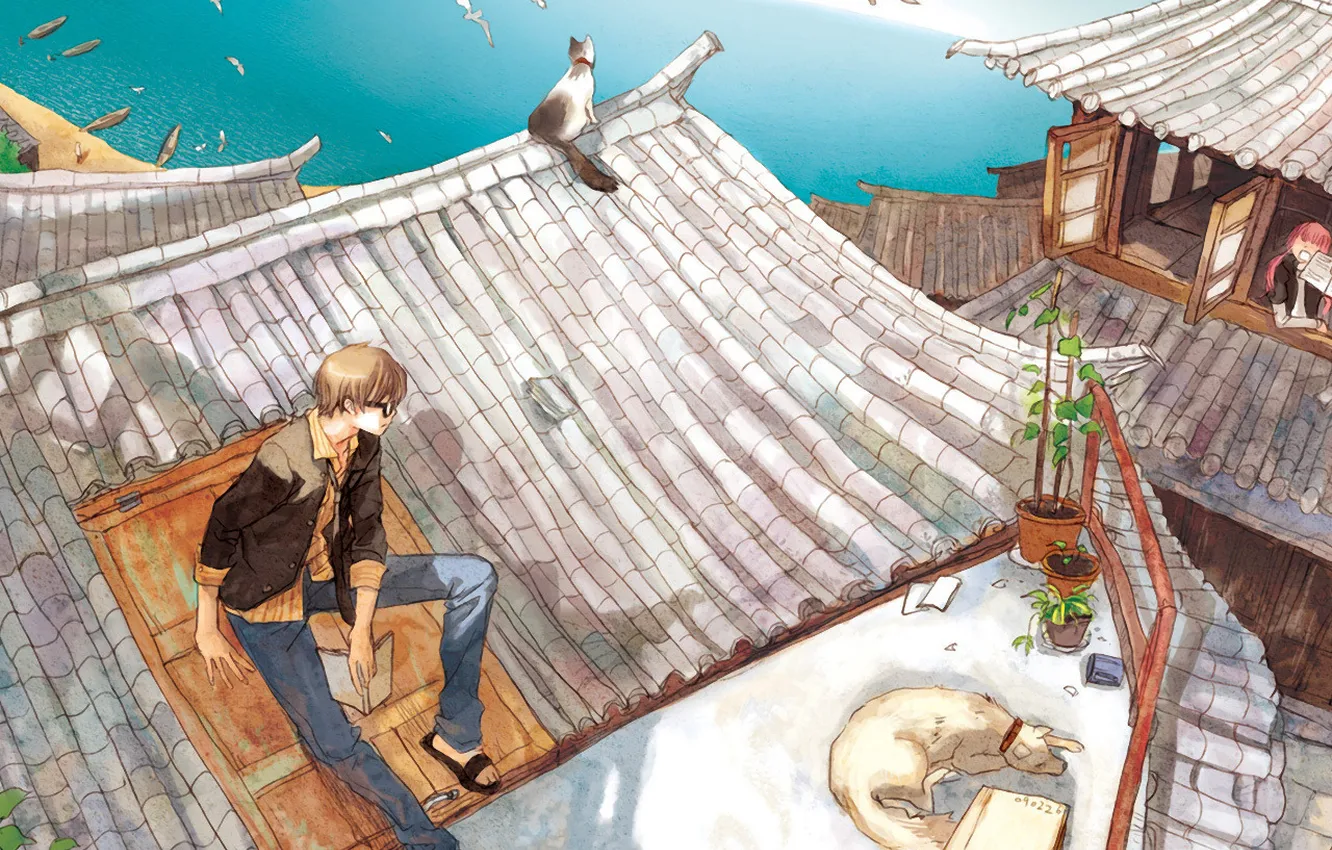 Фото обои крыша, море, кот, настроение, чайки, дома, аниме, парень