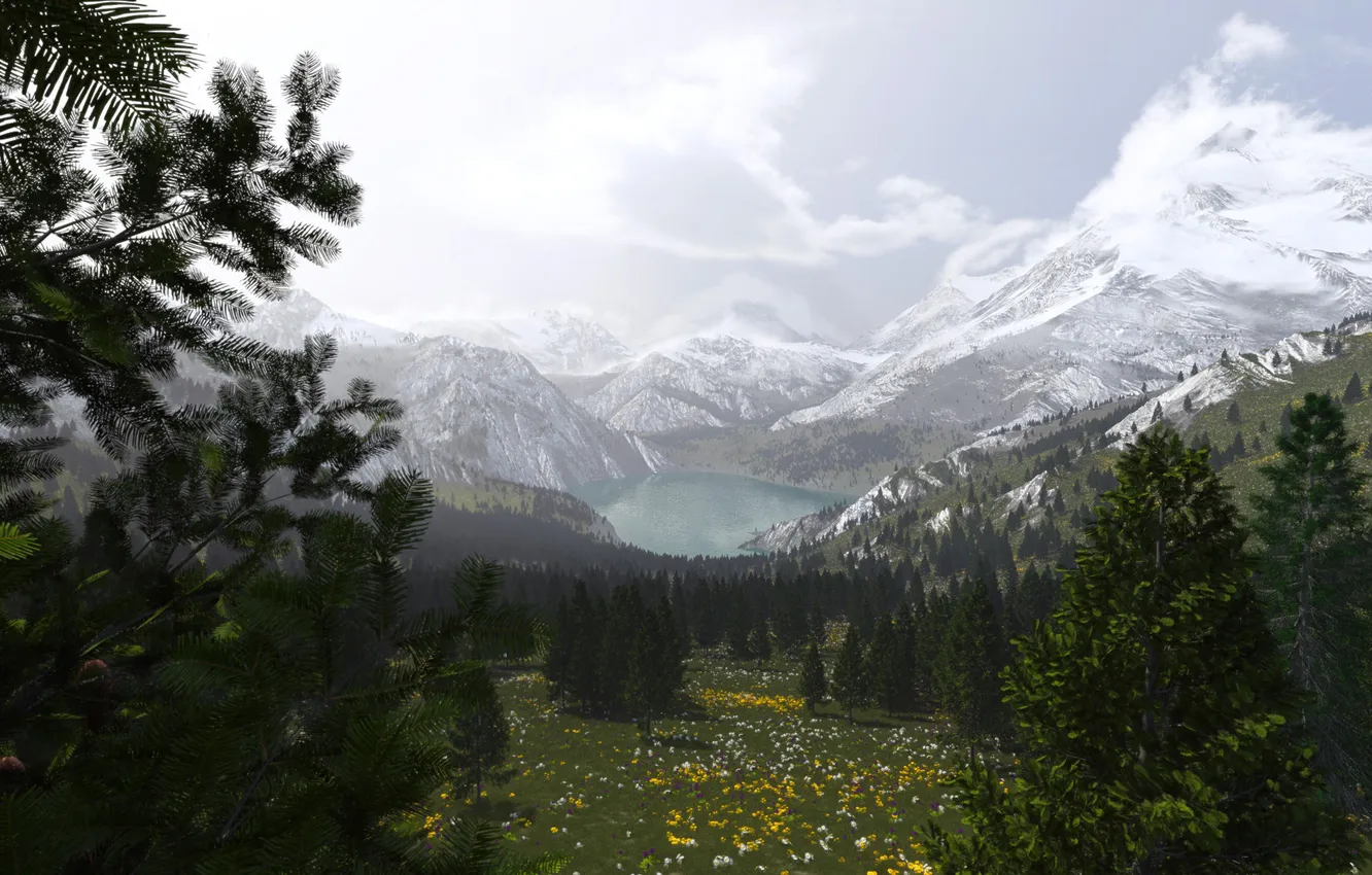 Фото обои снег, деревья, горы, природа, озеро, долина, арт, пик