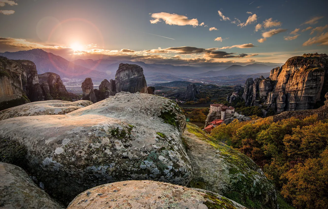 Фото обои пейзаж, горы, природа, замок, утро