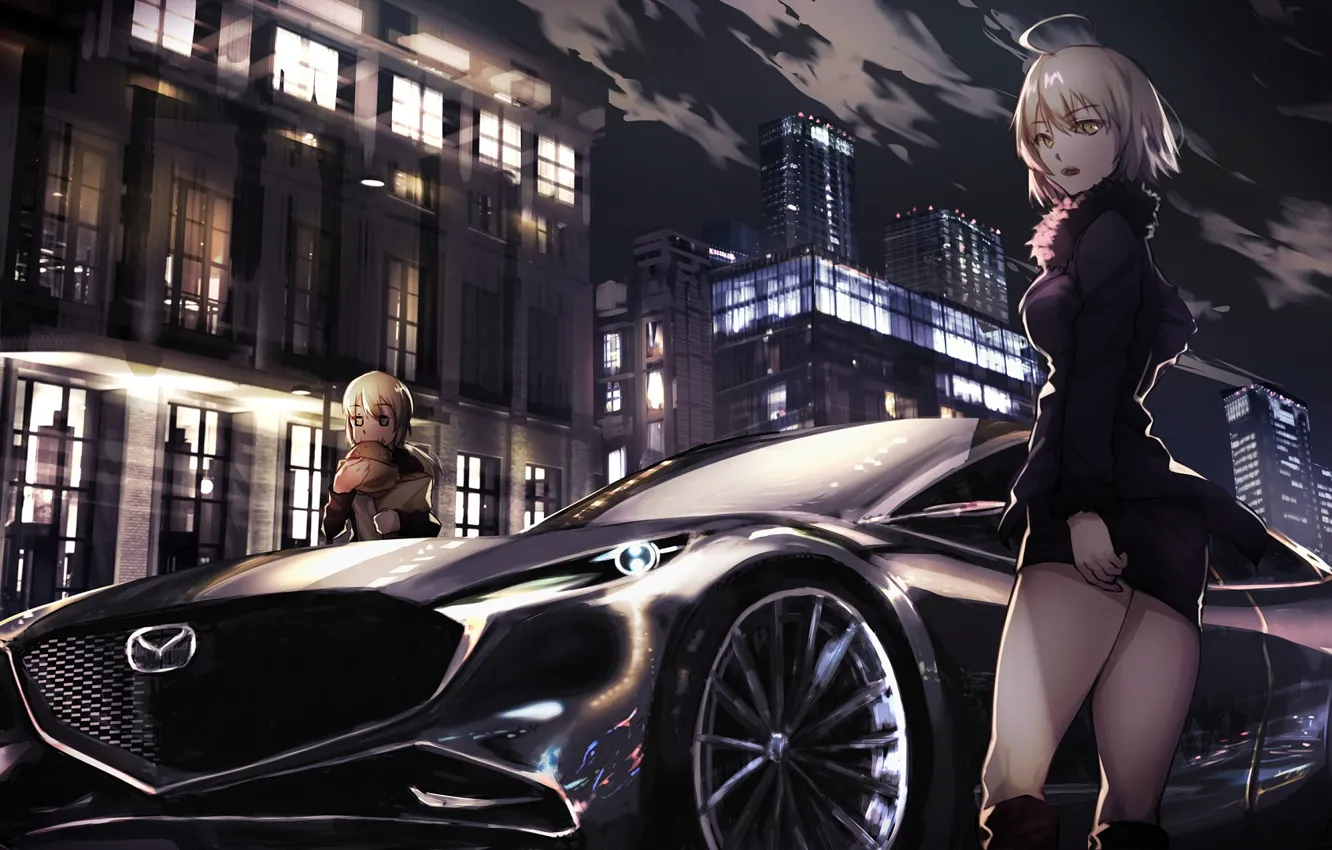 Фото обои машина, авто, ночь, город, девушки, Fate / Grand Order