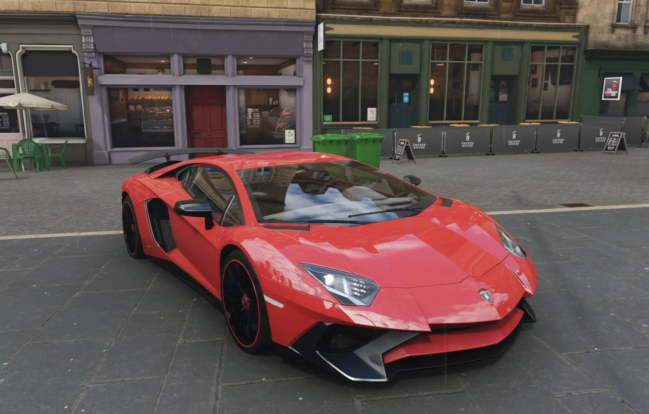 Фото обои Red, Street, Lambordgini, Lamborghimi Aventador, Forza Horizon 4, England Landscapes