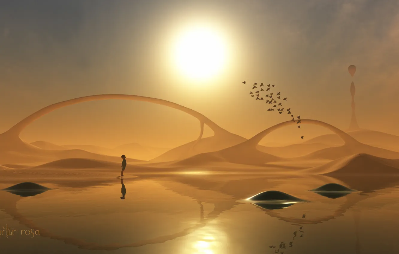 Фото обои солнце, птицы, отражение, фантазия, пустыня, мальчик, арт