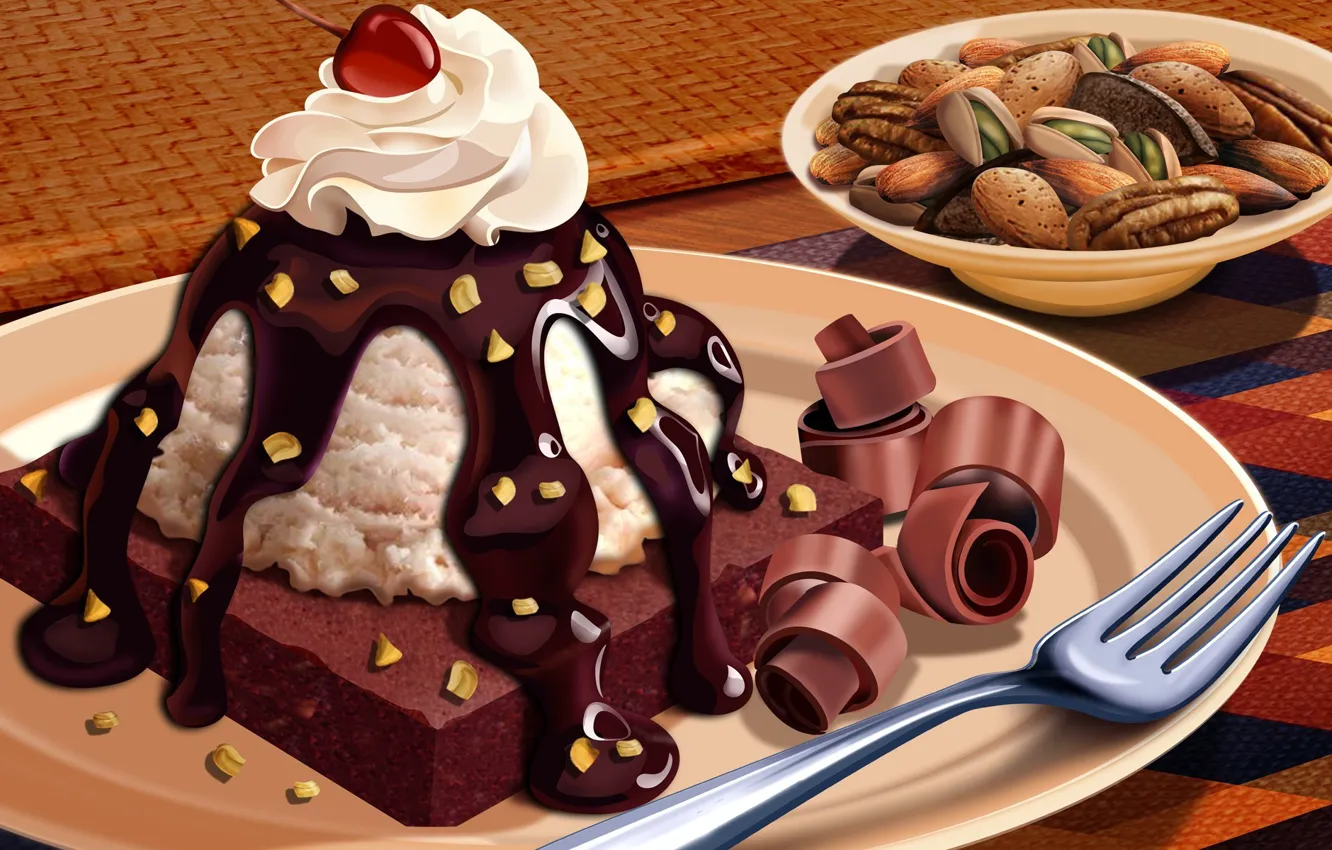 Фото обои шоколад, пирог, орехи, крем