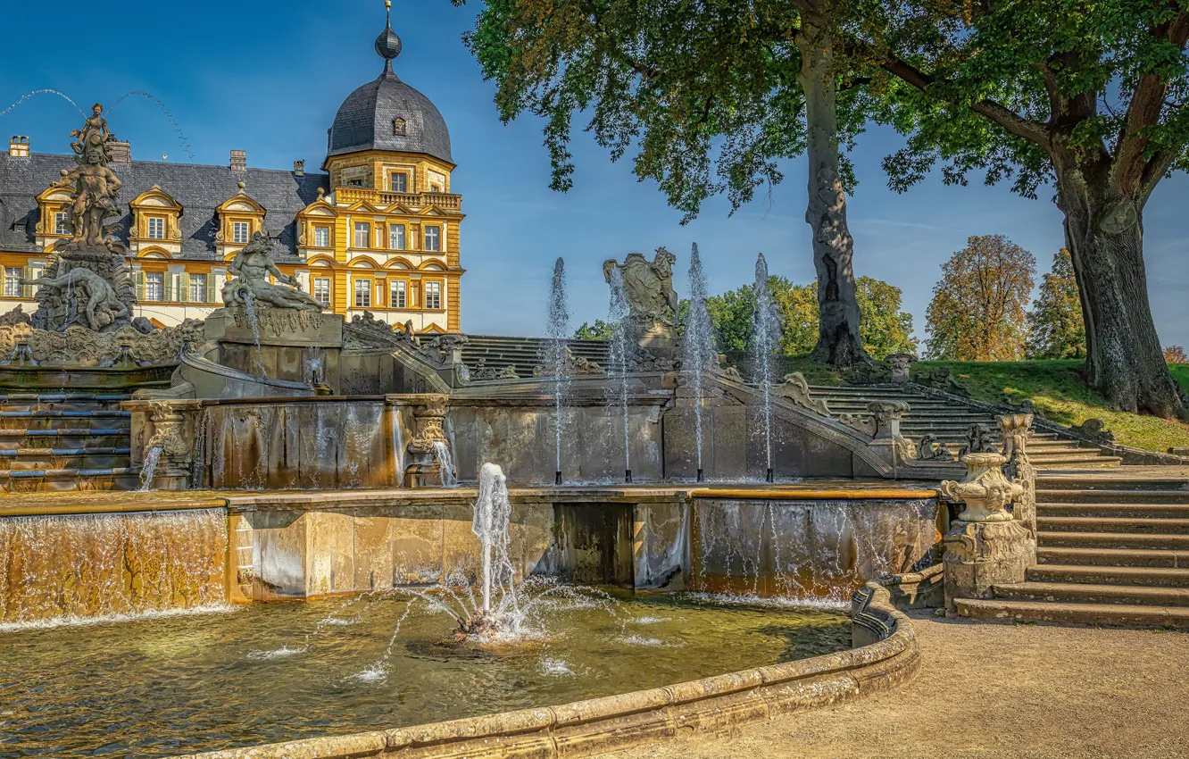 Фото обои деревья, Германия, Бавария, лестница, фонтаны, Germany, дворец, Bavaria