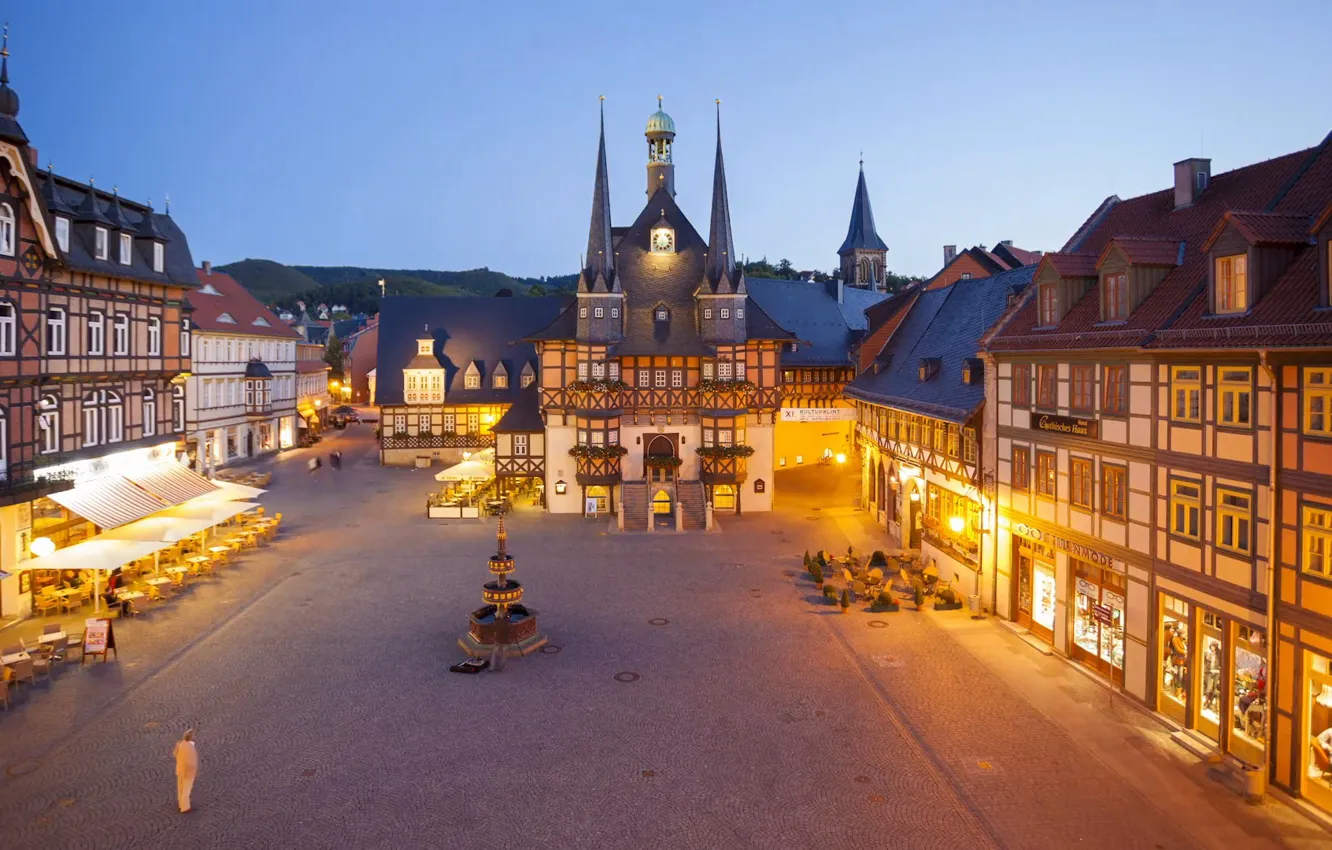 Фото обои город, вечер, площадь, Germany, ратуша, Wernigerode, Markt Platz, Municipal Town Hall