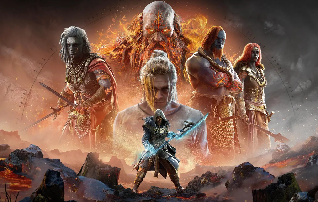 Фото обои игра, Assassins Creed, постер, персонажи, Valhalla, 2022, Dawn Of Ragnarok