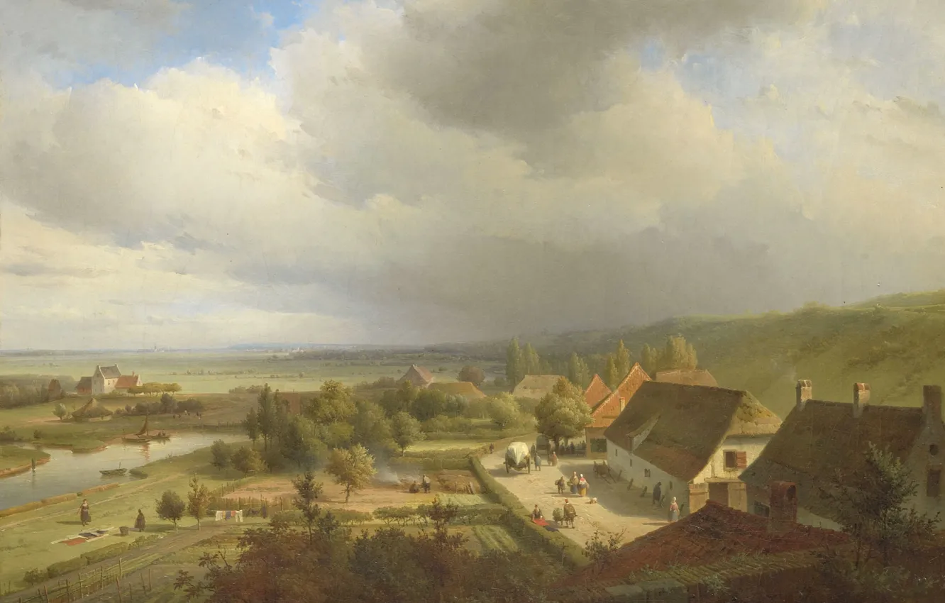 Фото обои дом, река, картина, двор, Абрахам Йоханнес Кувенберг, Холмистый Пейзаж в Вагенингене