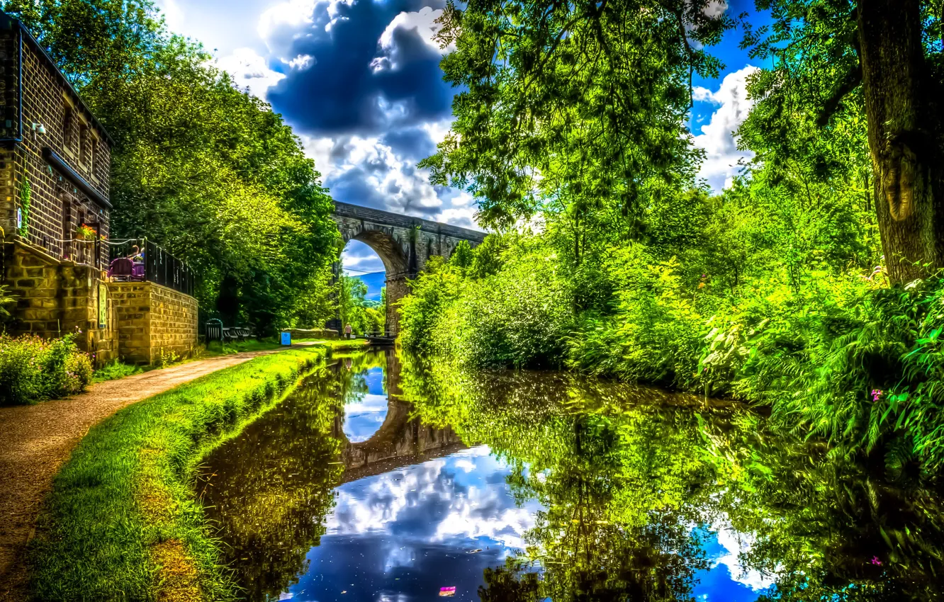 Фото обои зелень, вода, облака, деревья, мост, дом, отражение, река