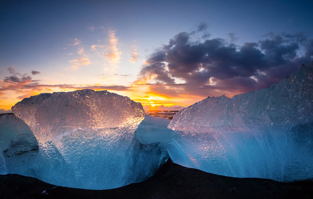 Фото обои лёд, зарево, льдина, Исландия