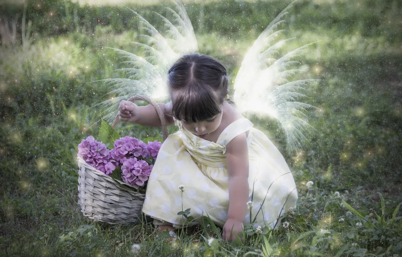 Фото обои цветы, настроение, девочка, корзинка, крылышки, гортензии, маленькая фея