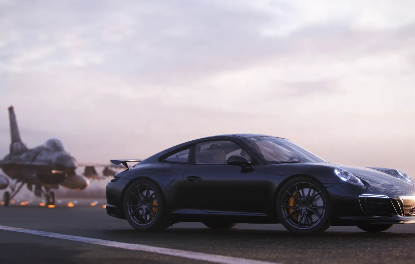Фото обои рендеринг, 911, Porsche, вид сбоку, F-16, 2018, CGI, Carrera T
