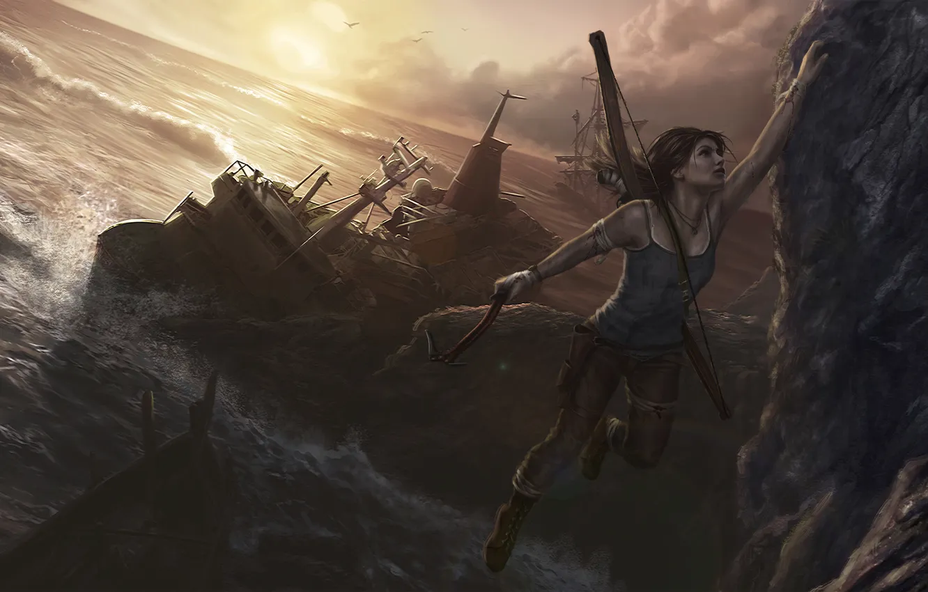 Фото обои океан, скалы, игра, корабль, лук, арт, Tomb Raider, game