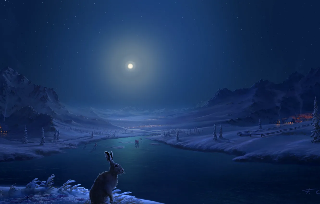 Фото обои зима, снег, горы, река, люди, заяц, дома, Луна