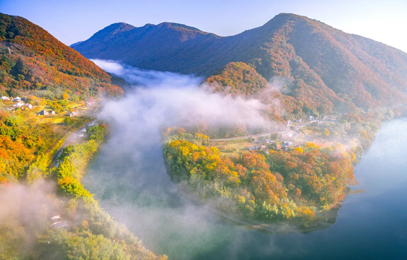 Фото обои осень, лес, деревья, горы, туман, река, Япония, Окаяма