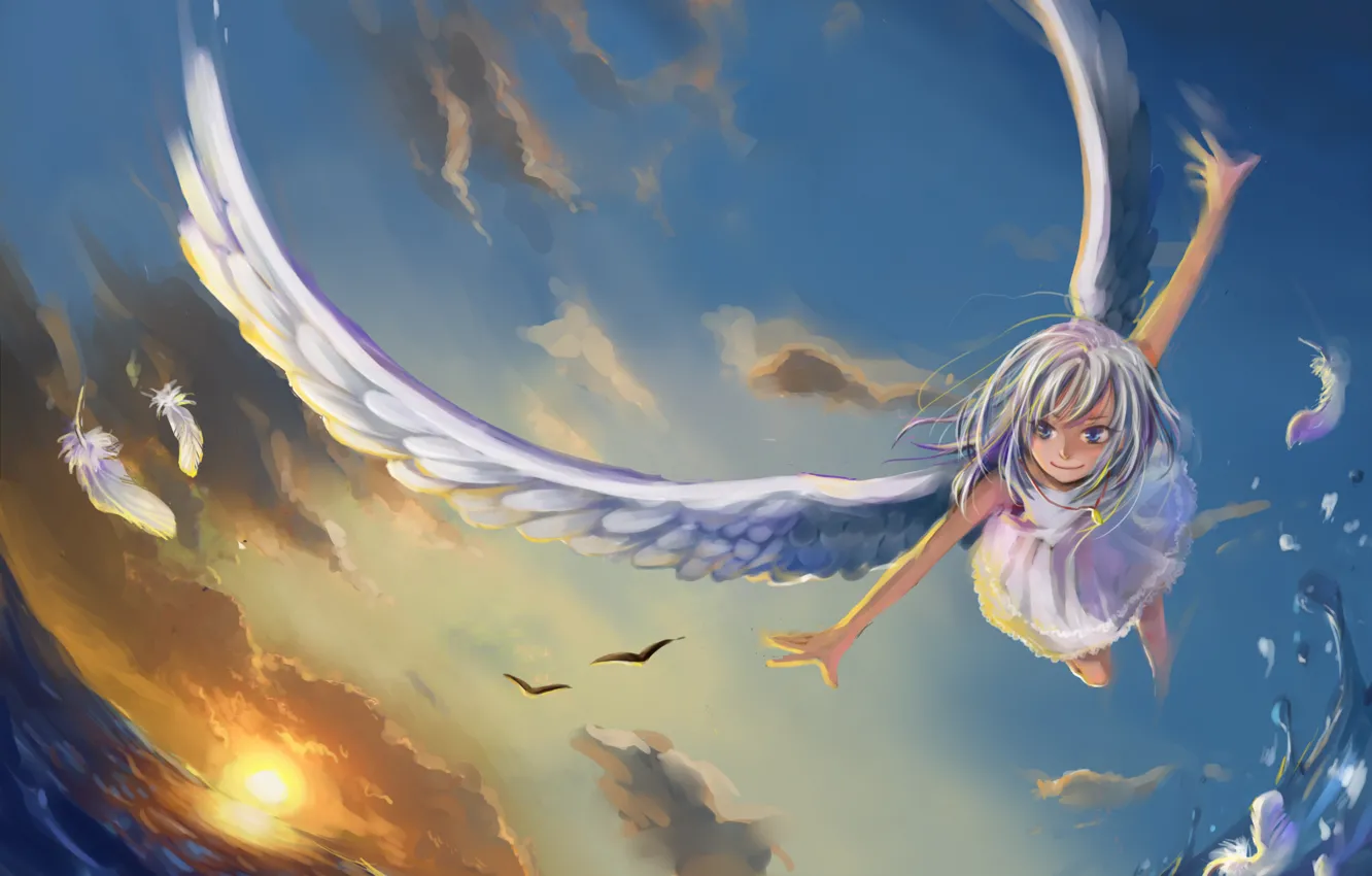 Фото обои море, вода, девушка, солнце, полет, чайки, крылья, ангел