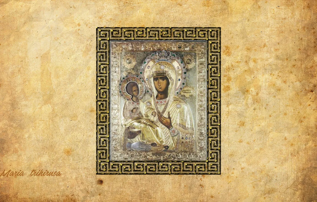 Фото обои old, paper, Madonna, Mary, Icoana Maicii Domnului cu trei mâini, Greek frame, Maria trihirusa, Ortodox …