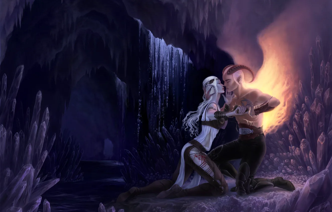 Фото обои девушка, любовь, крылья, демон, пещера, парень, кристалы, длинные волосы