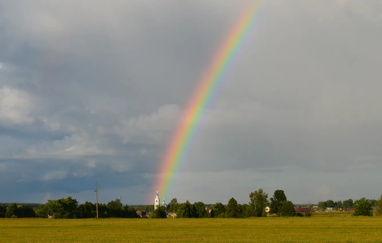 Фото обои поле, лето, радуга, церковь