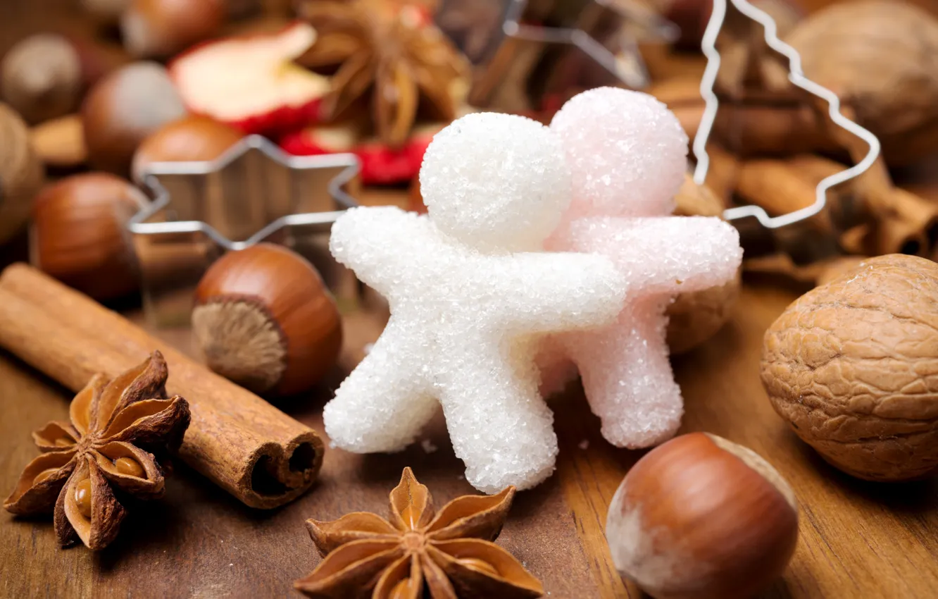 Фото обои зима, человечки, Новый Год, Рождество, сахар, орехи, корица, Christmas