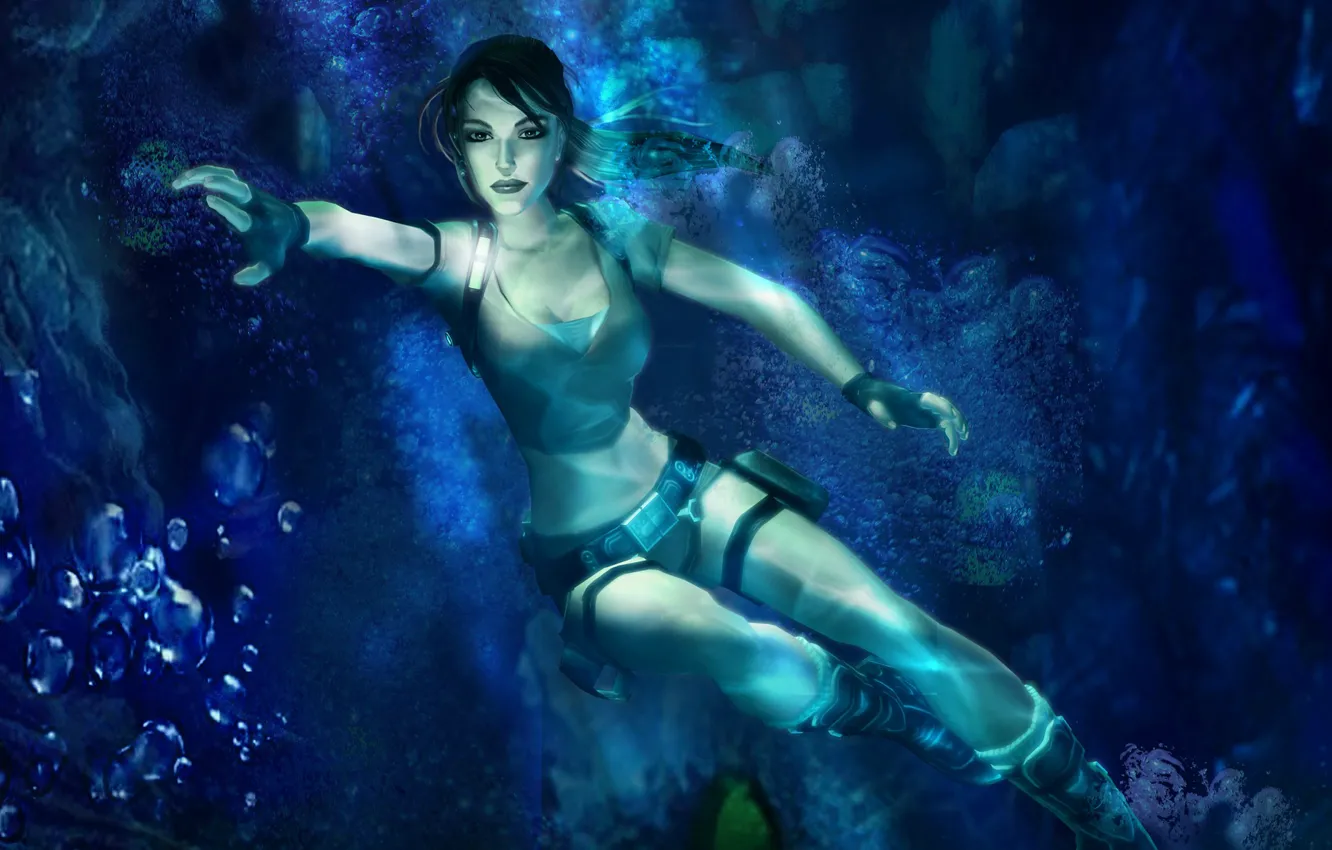 Фото обои пузырьки, русалка, глубина, Tomb Raider, подводный мир, Lara Croft