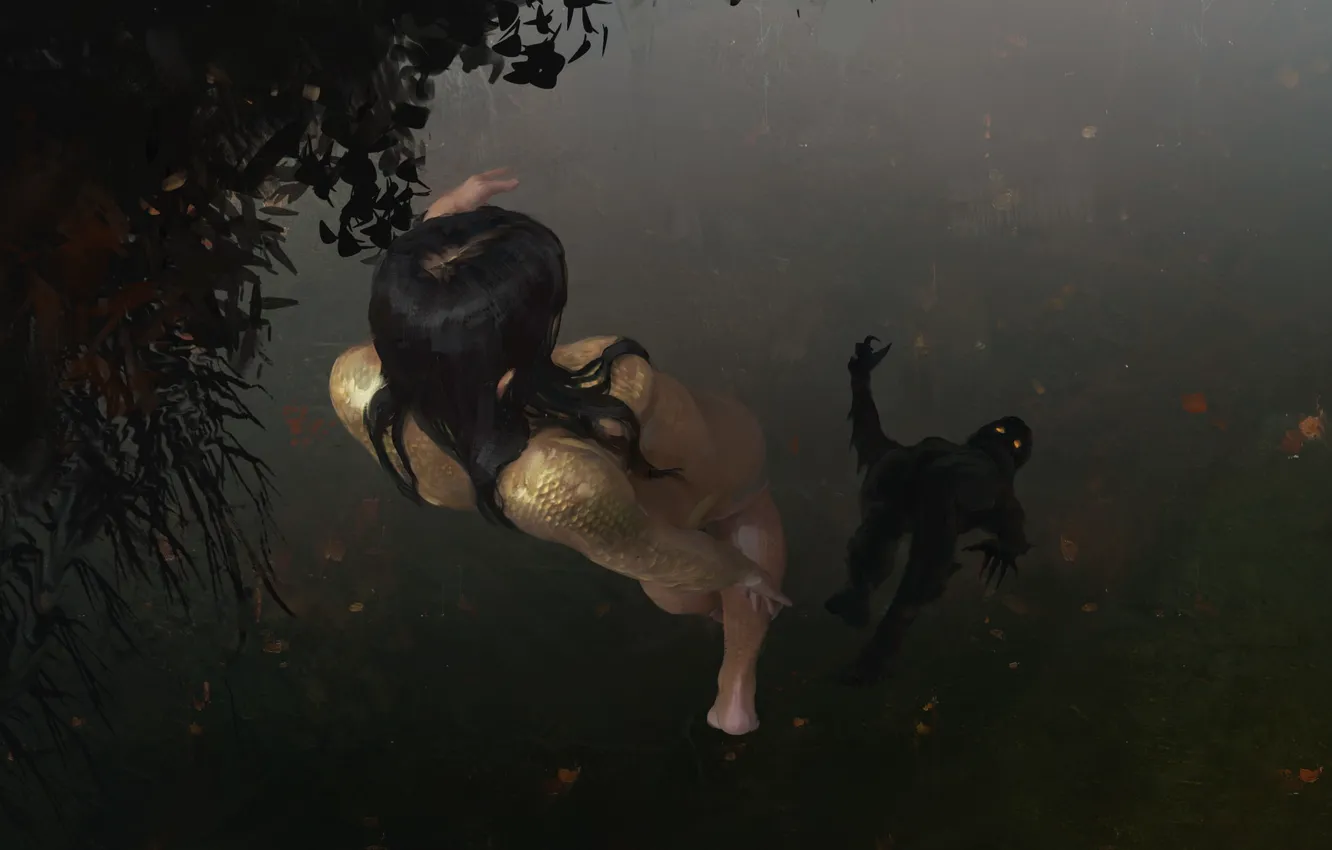 Фото обои Вода, Отражение, Девушка, Рисунок, Демон, Fantasy, Art, Ужас