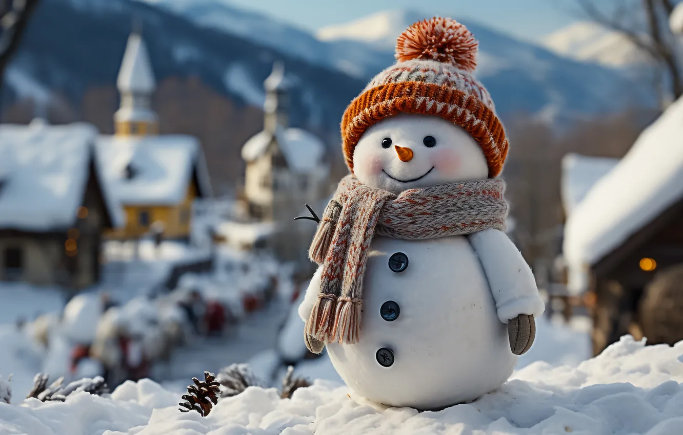 Фото обои зима, снег, Рождество, Новый год, снеговик, Christmas, winter, snow