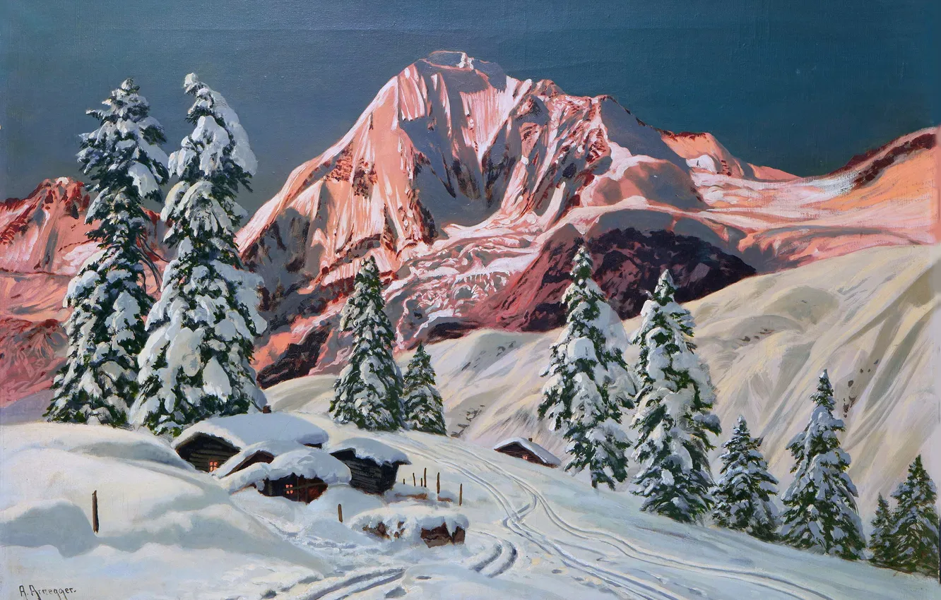 Фото обои Дома, Зима, Горы, Деревья, Снег, Картина, Alois Arnegger, Алоис Арнеггер