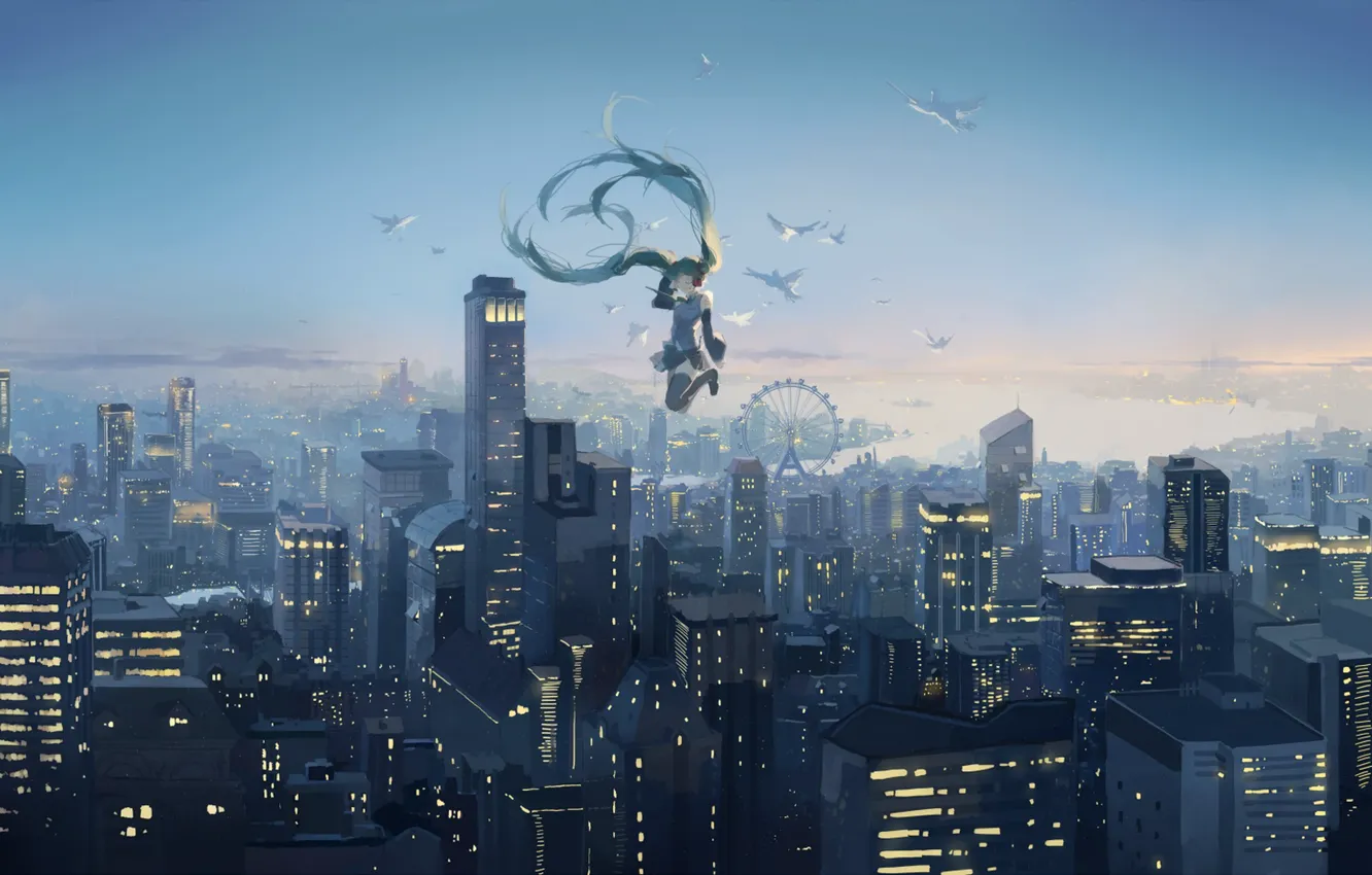 Фото обои небо, девушка, закат, птицы, город, высота, дома, аниме