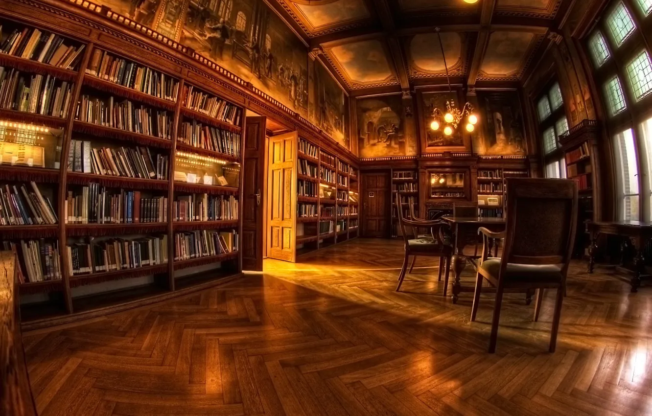 Фото обои стол, книги, кресло, библиотека