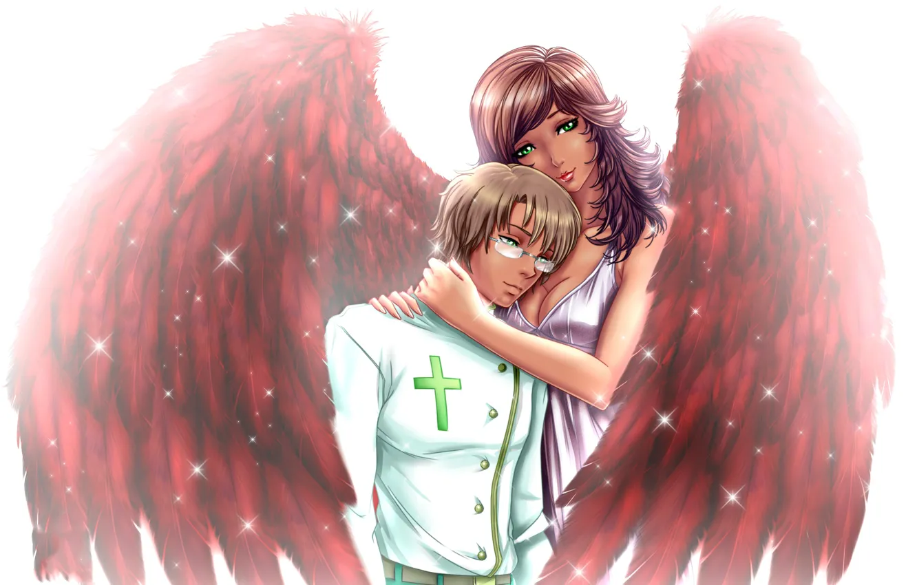 Фото обои девушка, крылья, ангел, объятия, парень