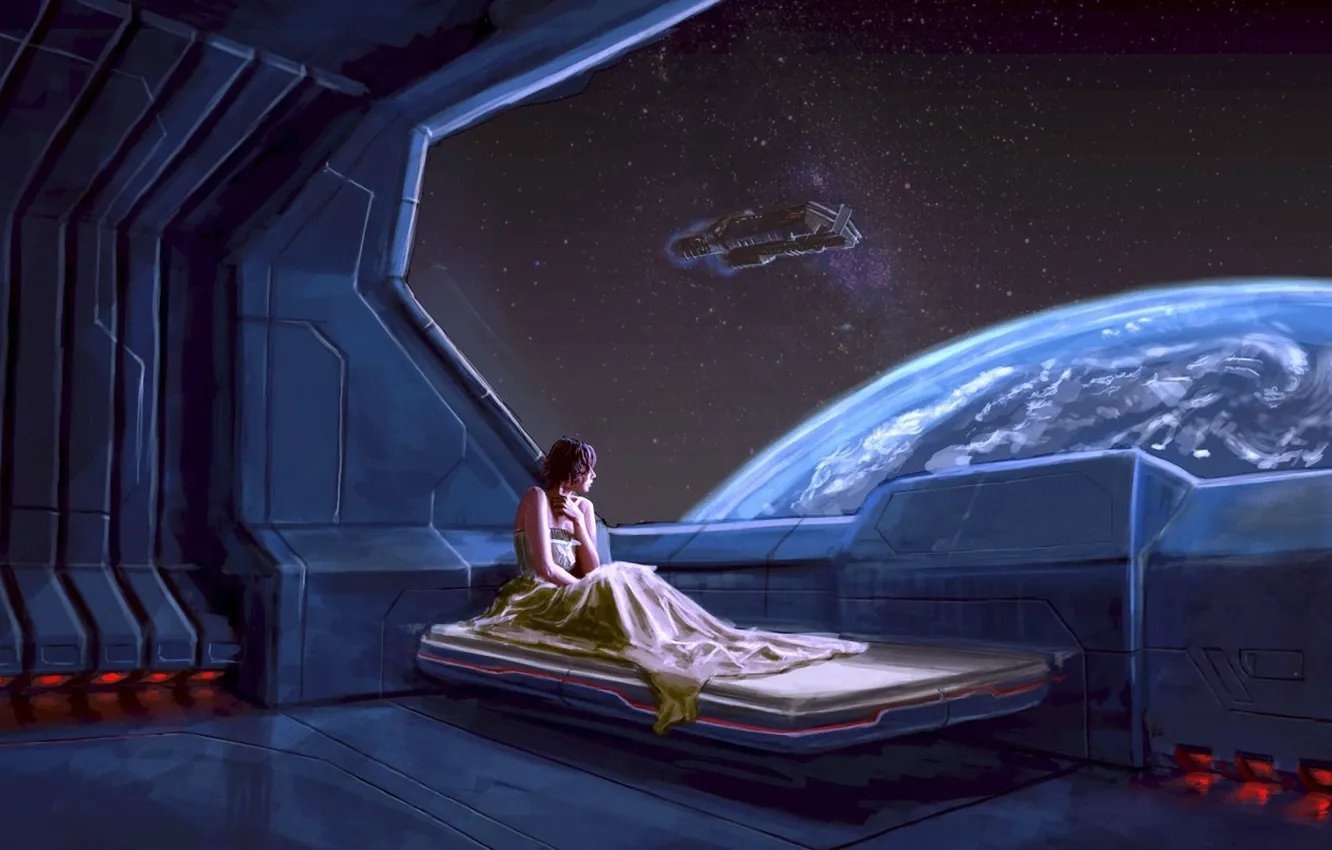 Фото обои звезды, будущее, женщина, корабль, планета, Земля, иллюминатор, на кровати
