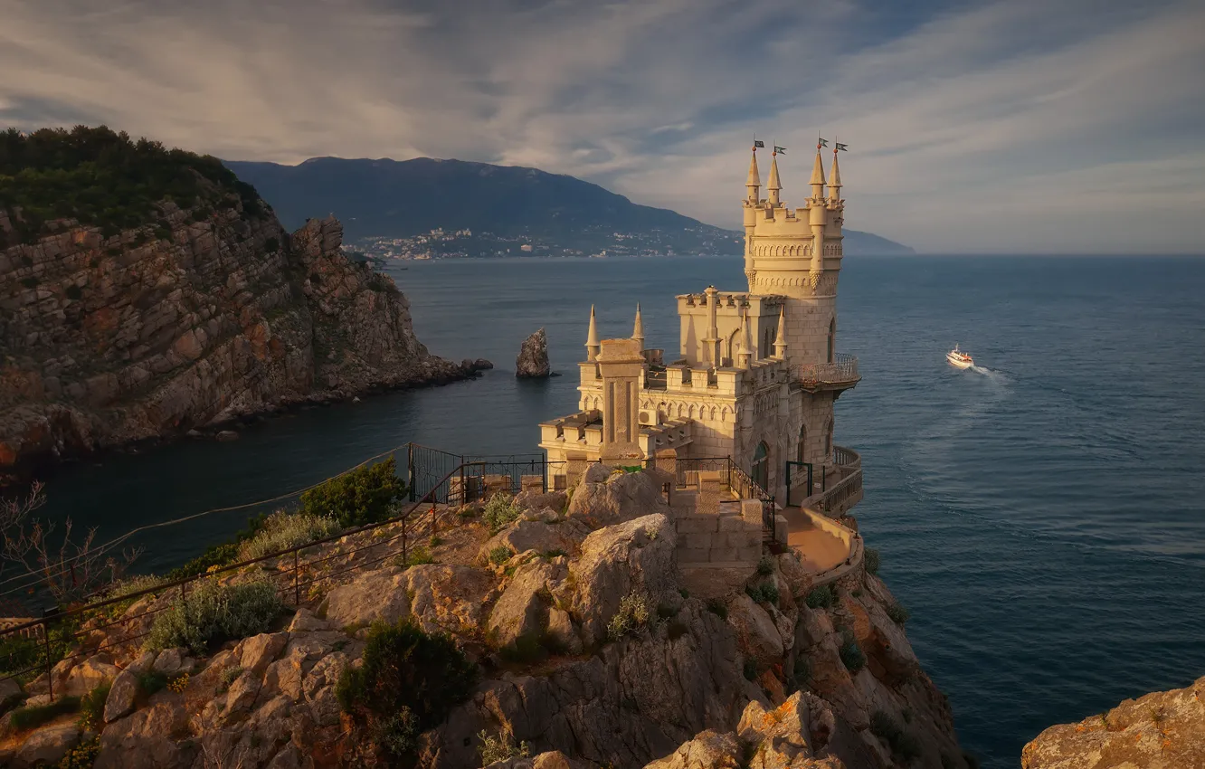 Фото обои море, замок, скалы, Россия, Крым, Ласточкино гнездо, Чёрное море, Аврорина скала