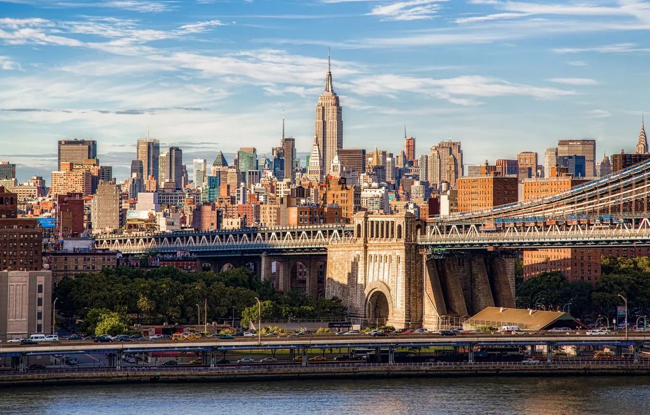 Фото обои city, USA, coast, Manhattan, Manhattan Bridge, New-York, East River, Empire state building