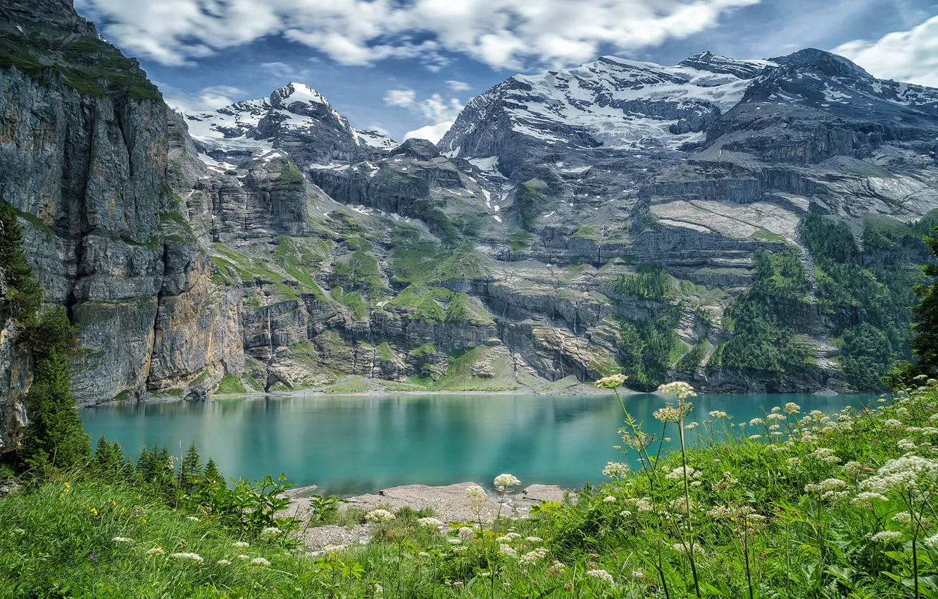 Фото обои Швейцария, озеро Эшинензе, Oeschinen Lake, горы, Бернское высокогорье, Switzerland, Oeschinensee, Bernese Oberland