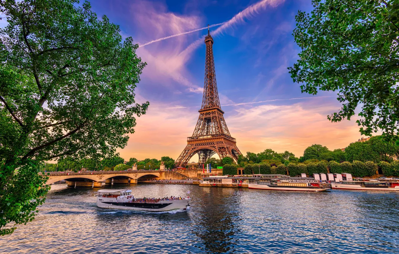 Фото обои деревья, мост, Париж, река "Сена", эйфелева башшня