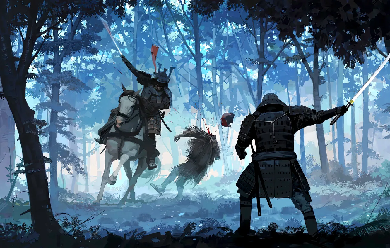 Фото обои sword, blood, fantasy, forest, armor, trees, katana, battle