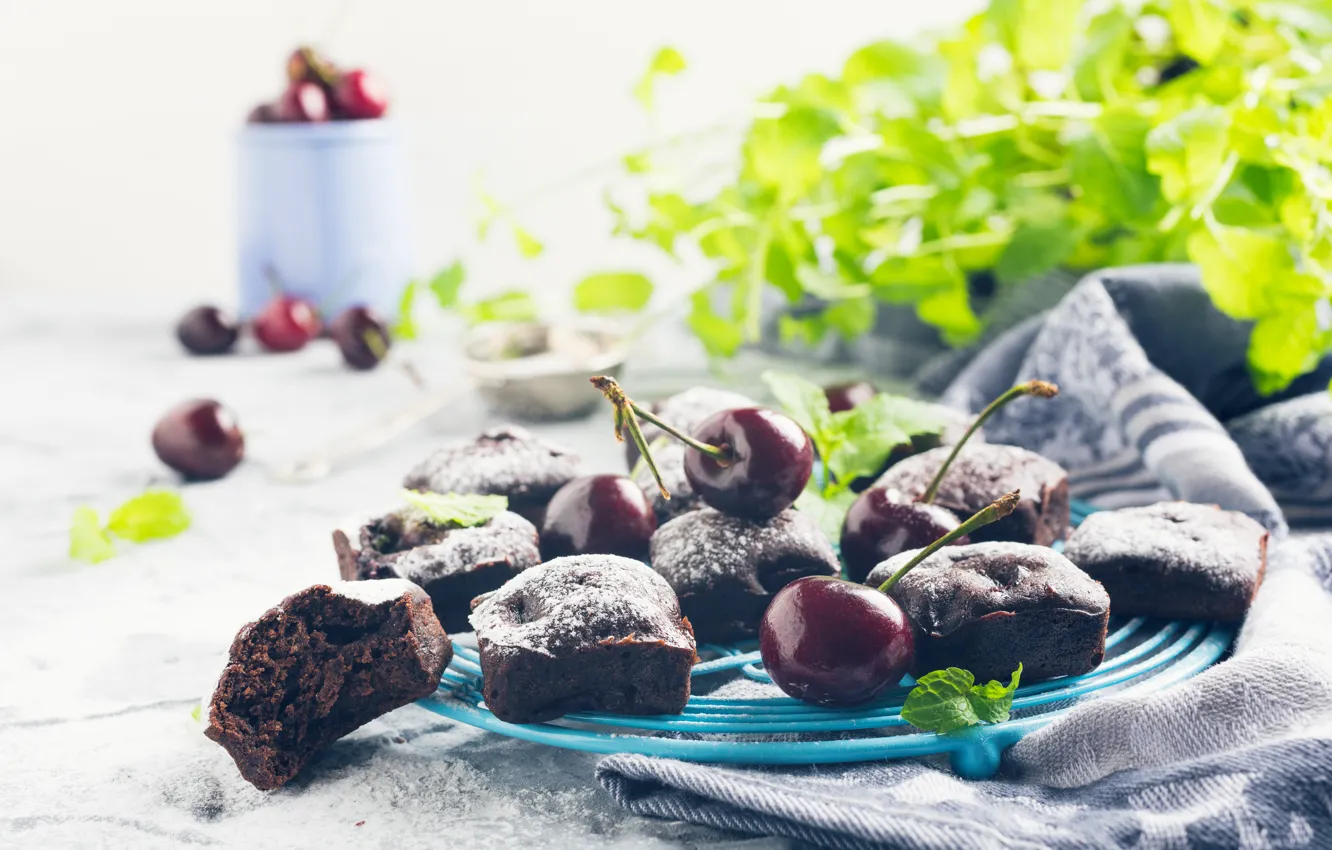 Фото обои вишня, пирог, шоколадный, сахарная пудра, Iryna Melnyk