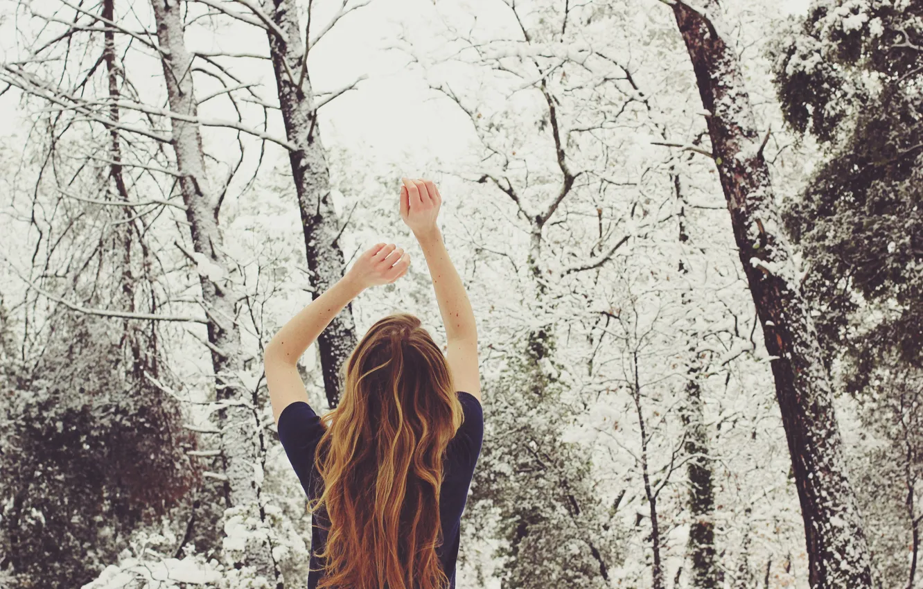 Фото обои зима, девушка, снег, деревья, волосы, руки, локоны