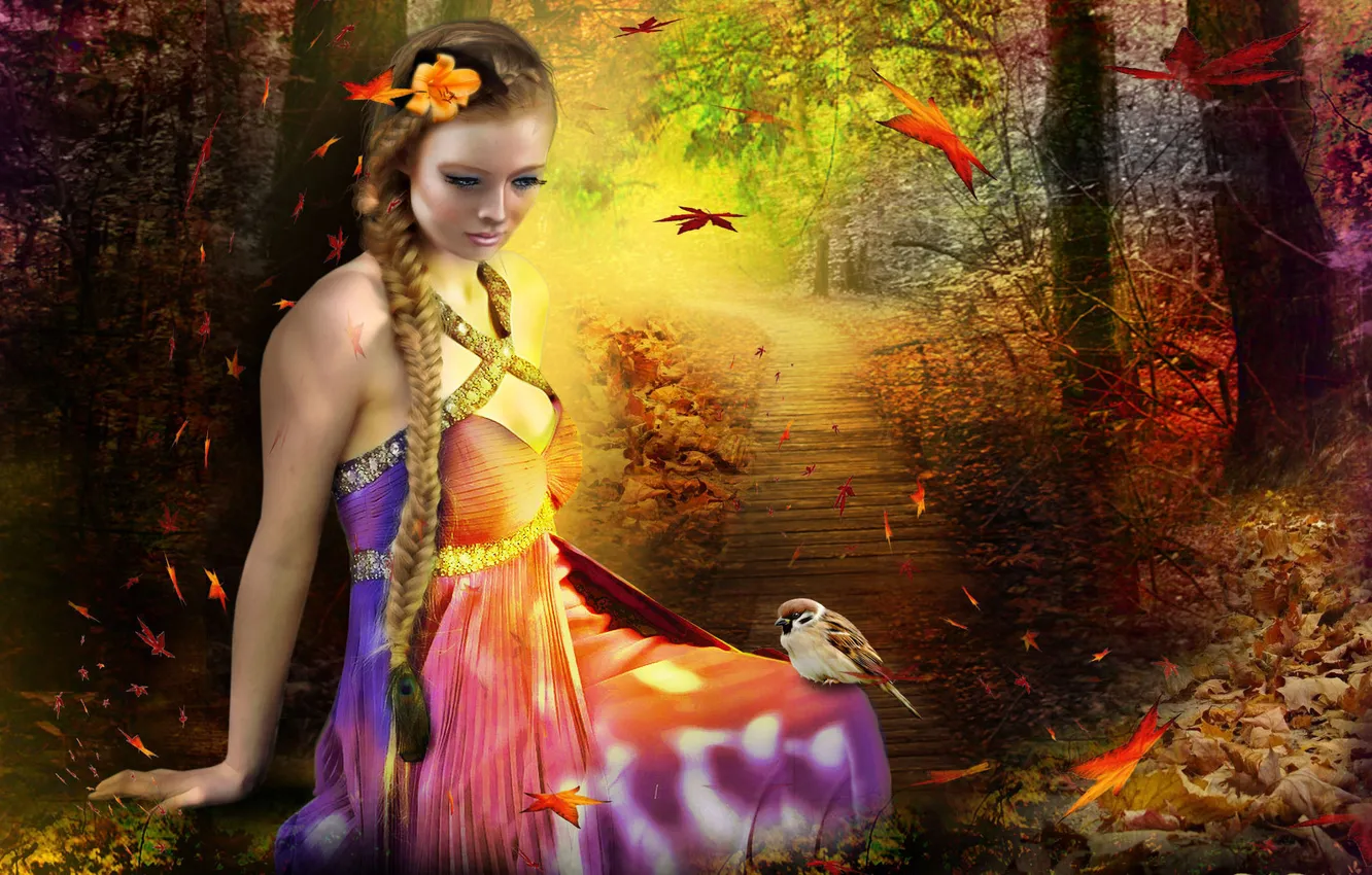 Фото обои осень, листья, девушка, деревья, цветы, птицы, ресницы, фантастика