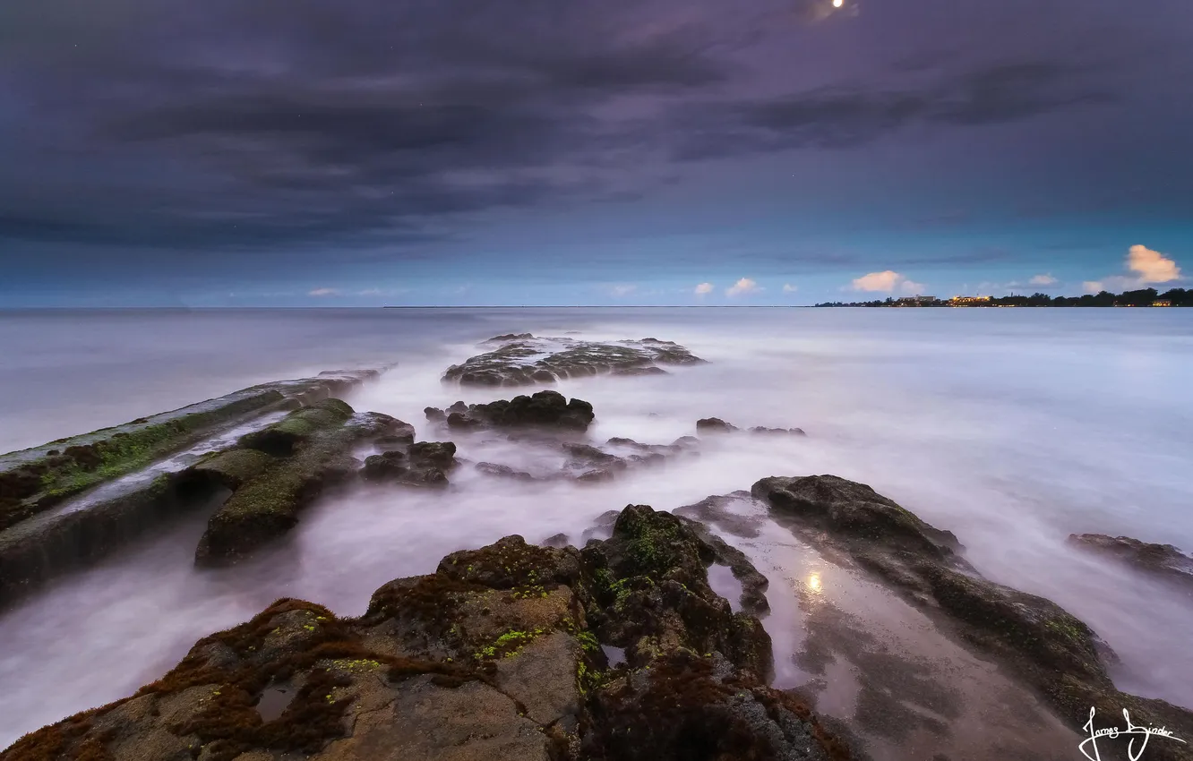 Фото обои камни, океан, берег, вечер
