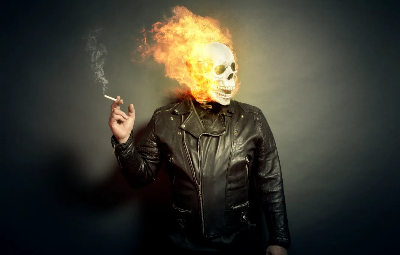 Фото обои огонь, человек, череп, сигарета