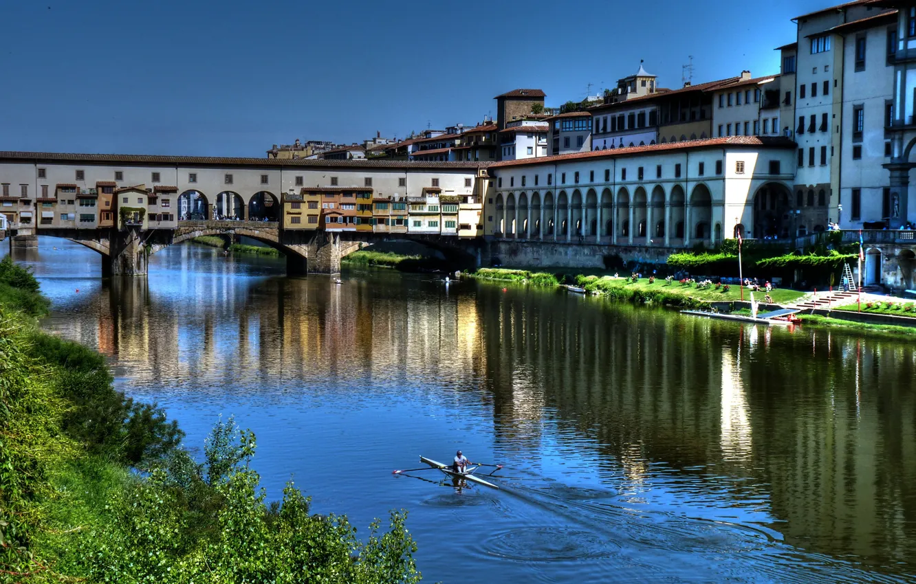 Фото обои небо, мост, река, дома, Италия, Флоренция, Понте Веккьо, Арно