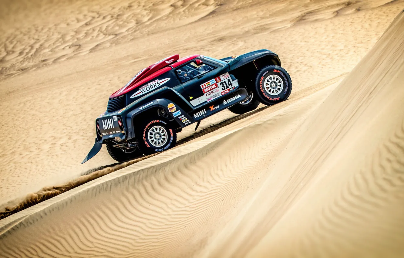 Фото обои Песок, Авто, Mini, Спорт, Машина, Скорость, Rally, Dakar