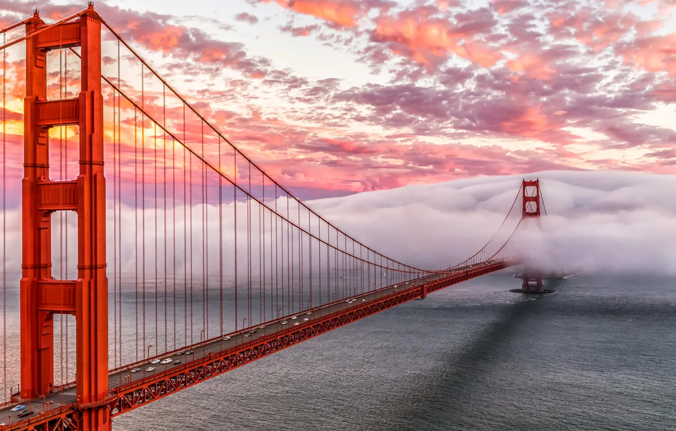 Фото обои небо, облака, мост, туман, залив, Сан-Франциско, Золотые Ворота, Golden Gate