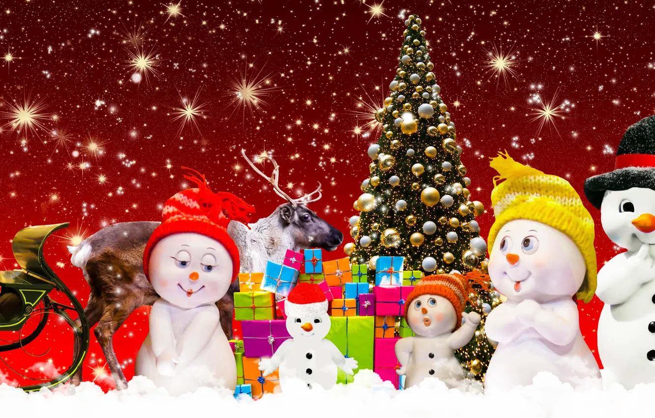 Фото обои праздник, новый год, рождество, снеговик, рождественская ёлка