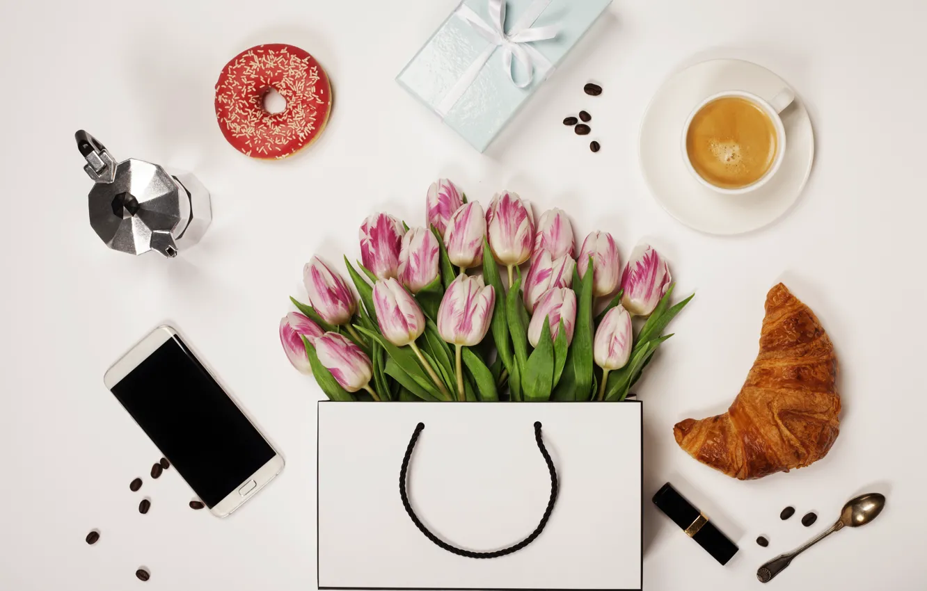 Фото обои цветы, Кофе, подарки, тюльпаны, телефон, Праздник, Пончик