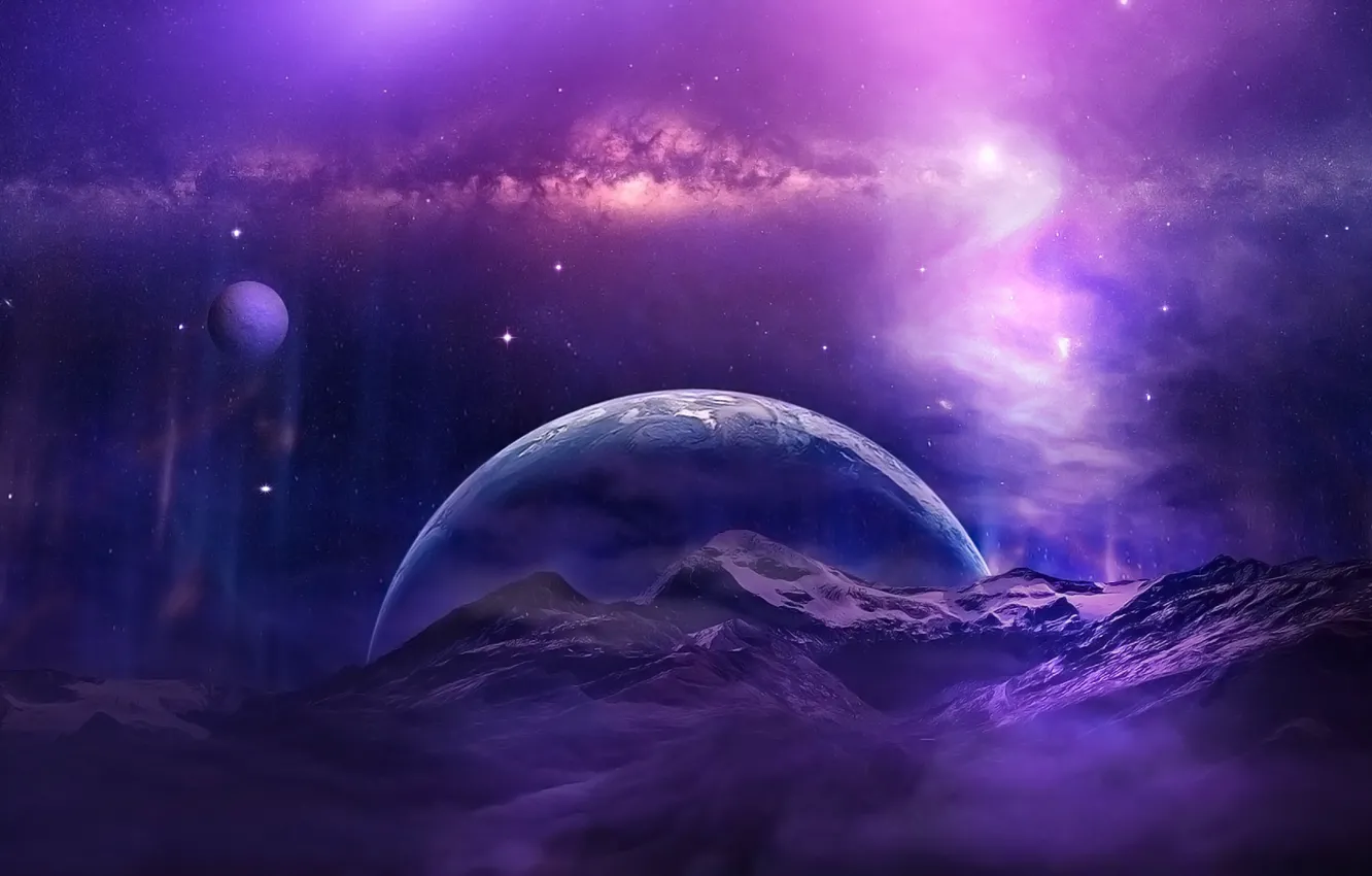 Фото обои space, universe, aurora, sky, mountains, clouds, stars, planet